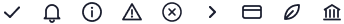 Shared onboarding icons for check, alert, information, close, navigation, card, leaf, and bank.