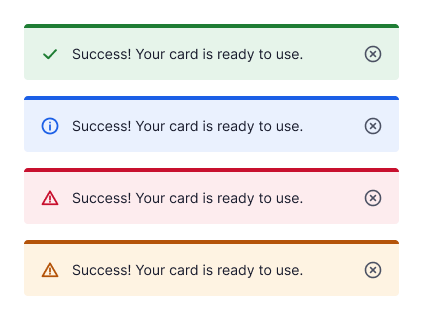 Toast component shown in success, information, error, and warning states.