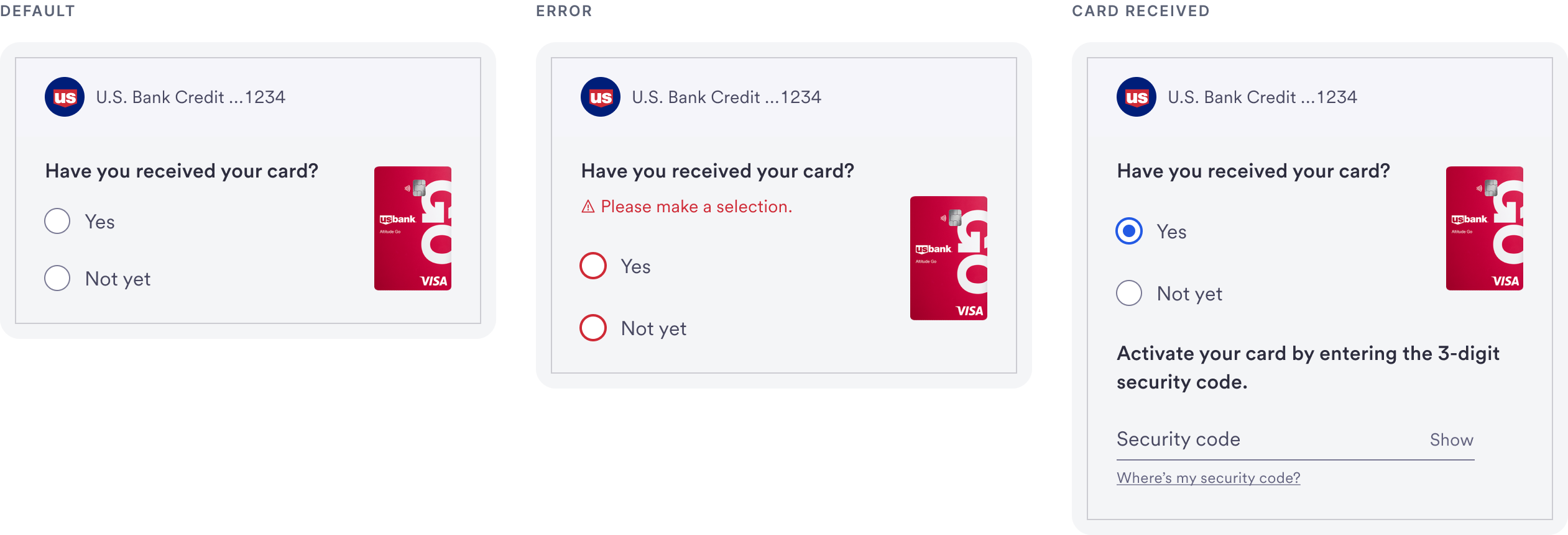 The activate card component in three states: default, error, and card received with a security code field.