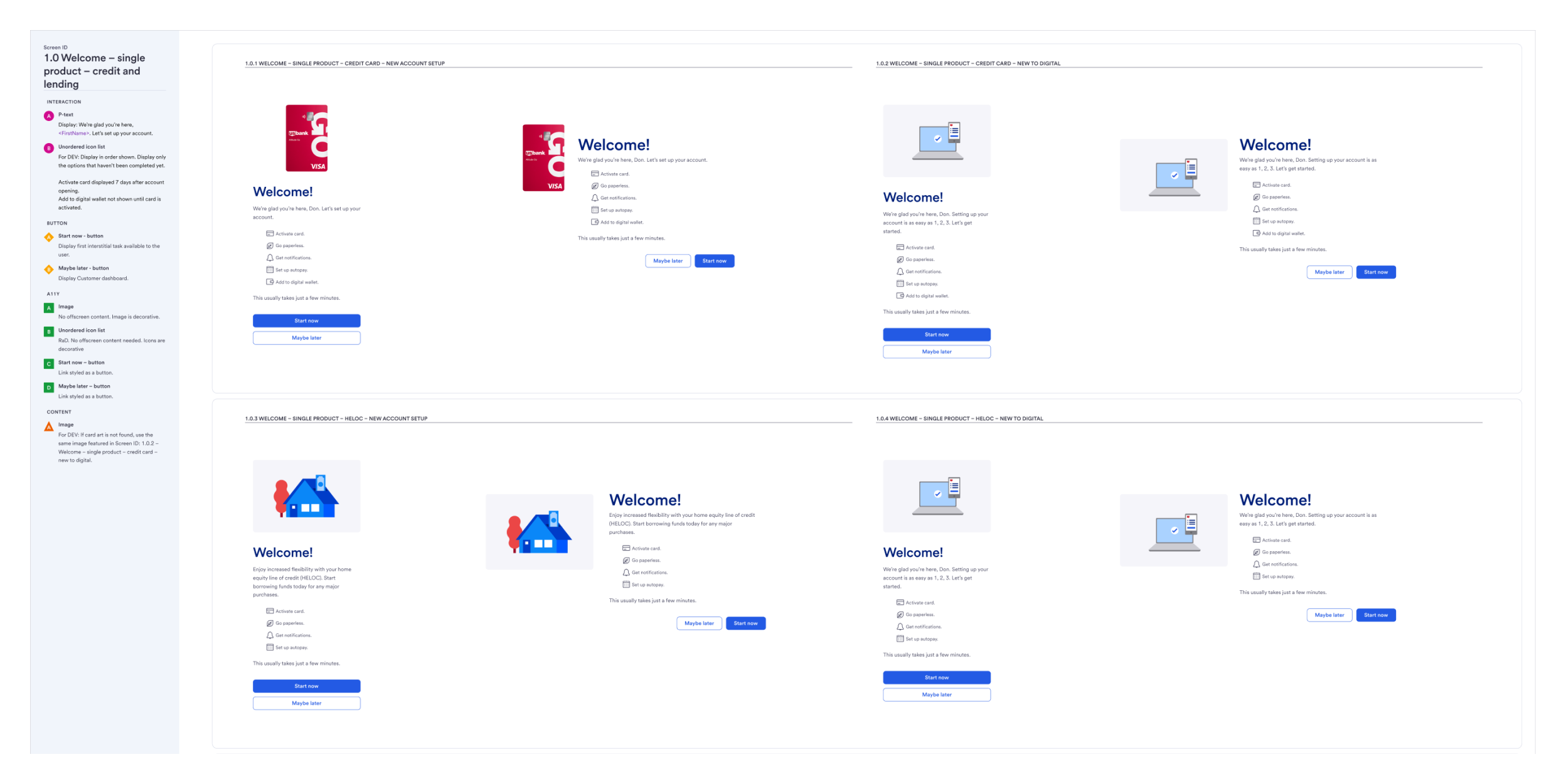 An annotated spec sheet for single product welcome screens, with interaction, accessibility, and content notes in a sidebar.