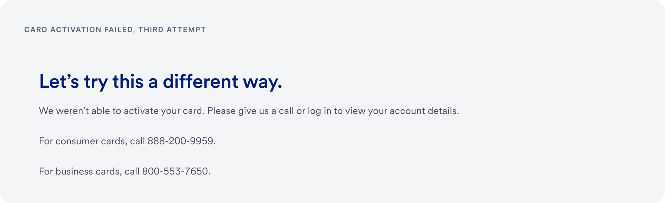 Full page error after a third failed card activation, with phone numbers to call.