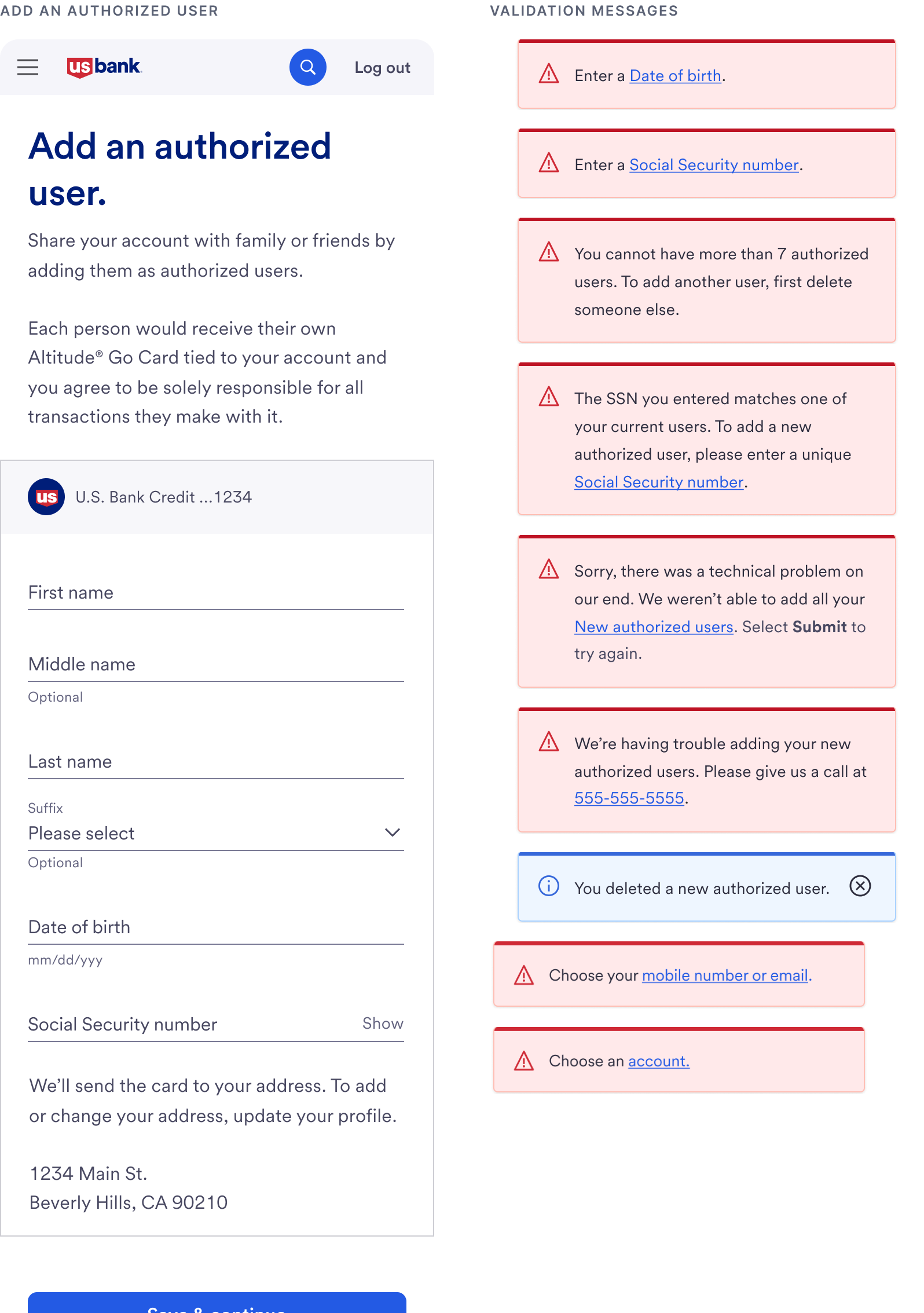 The add an authorized user form next to a column of validation and error messages.