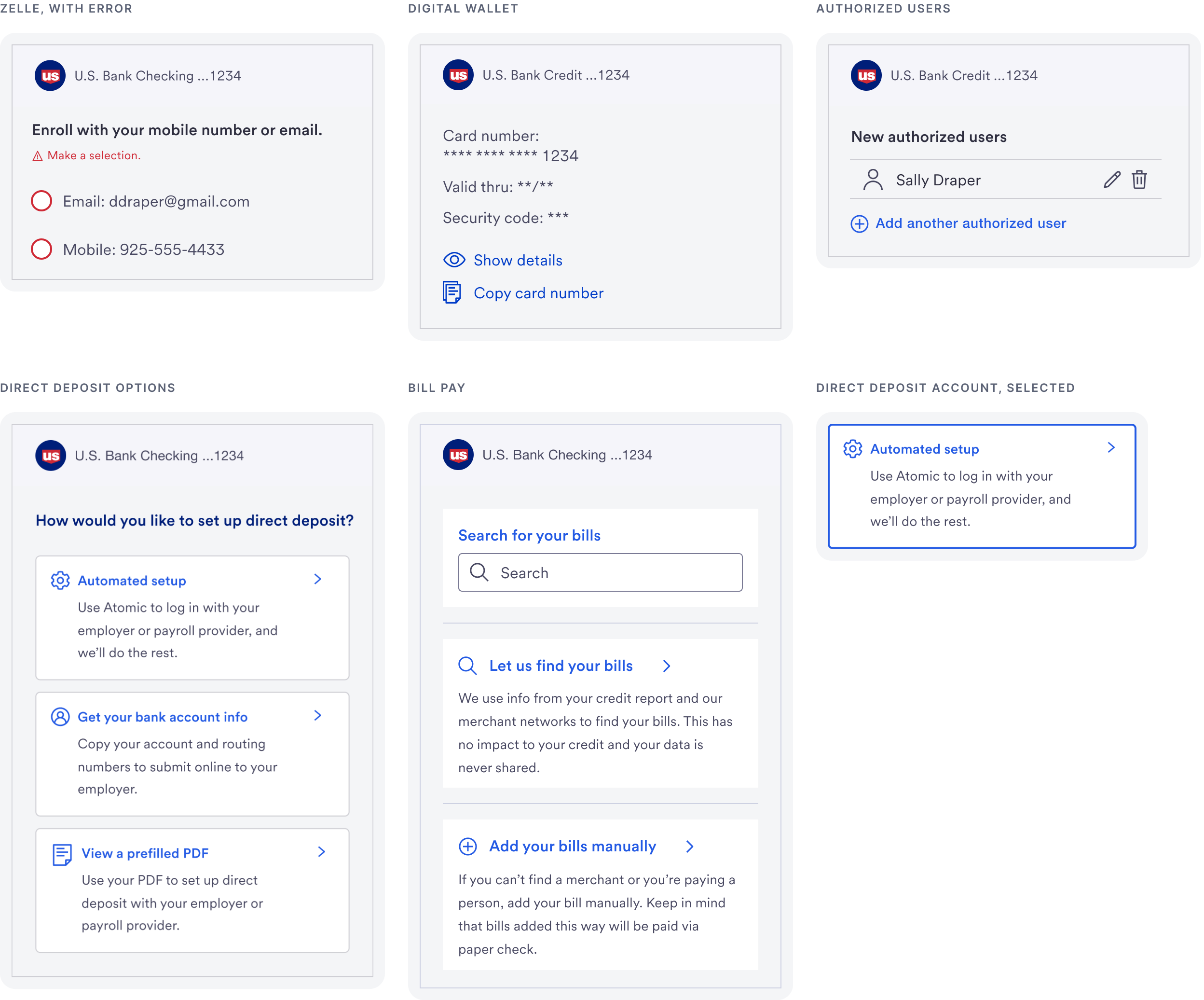 Six task components: Zelle with an error, digital wallet, authorized users, direct deposit options, bill pay, and a selected direct deposit option.
