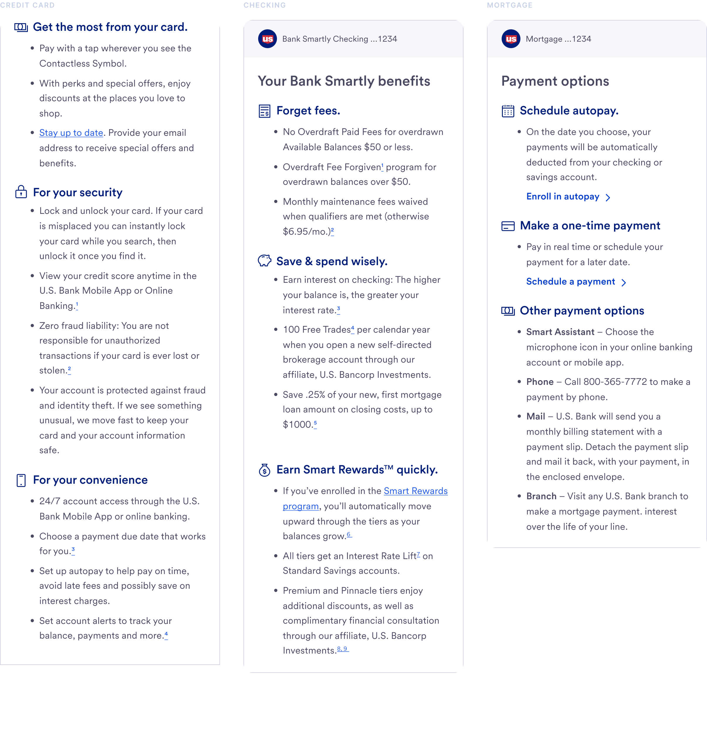Three product benefits pages for a credit card, a checking account, and a mortgage.