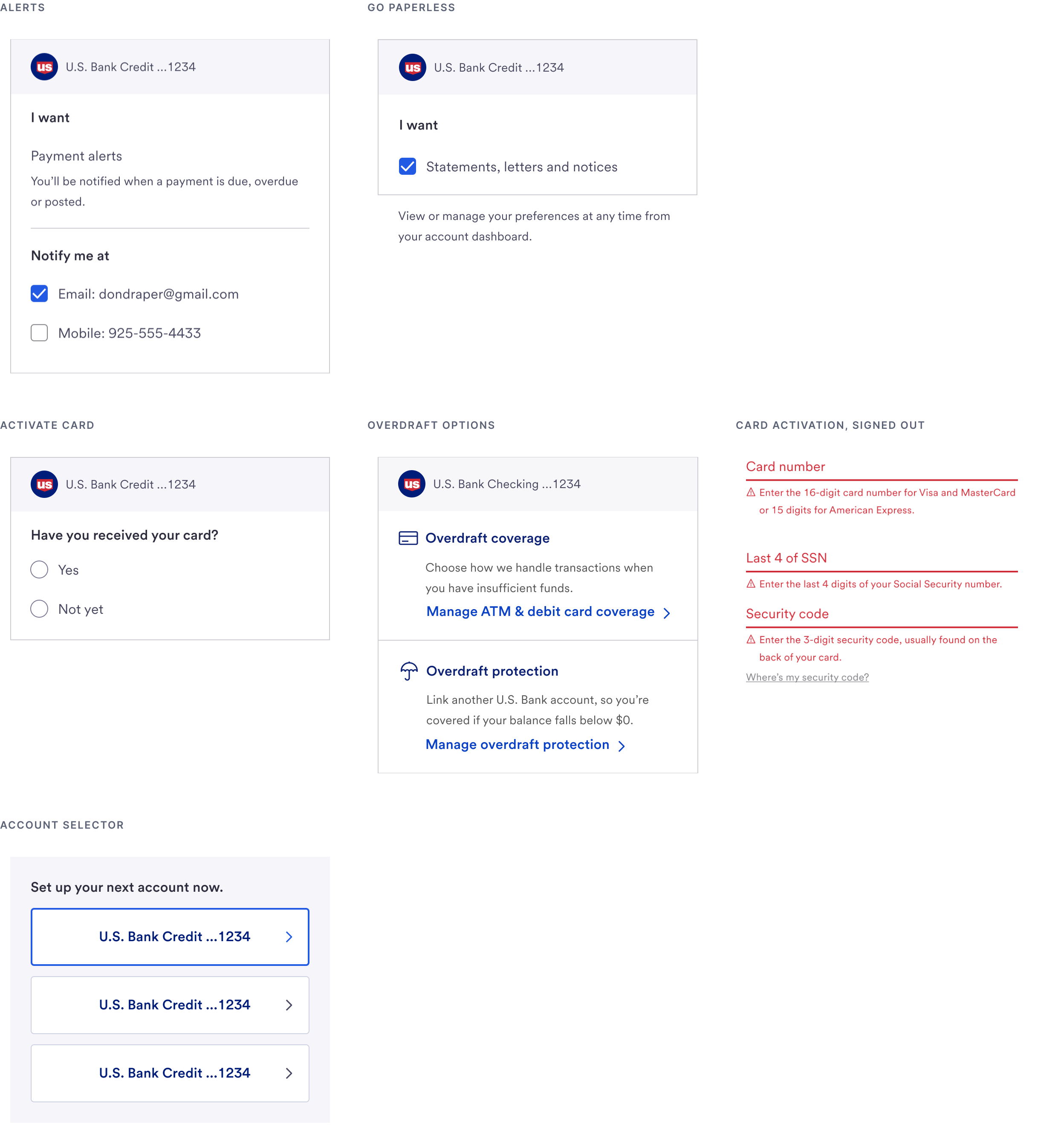 Six task components: alerts, go paperless, activate card, overdraft options, signed out card activation with errors, and an account selector.