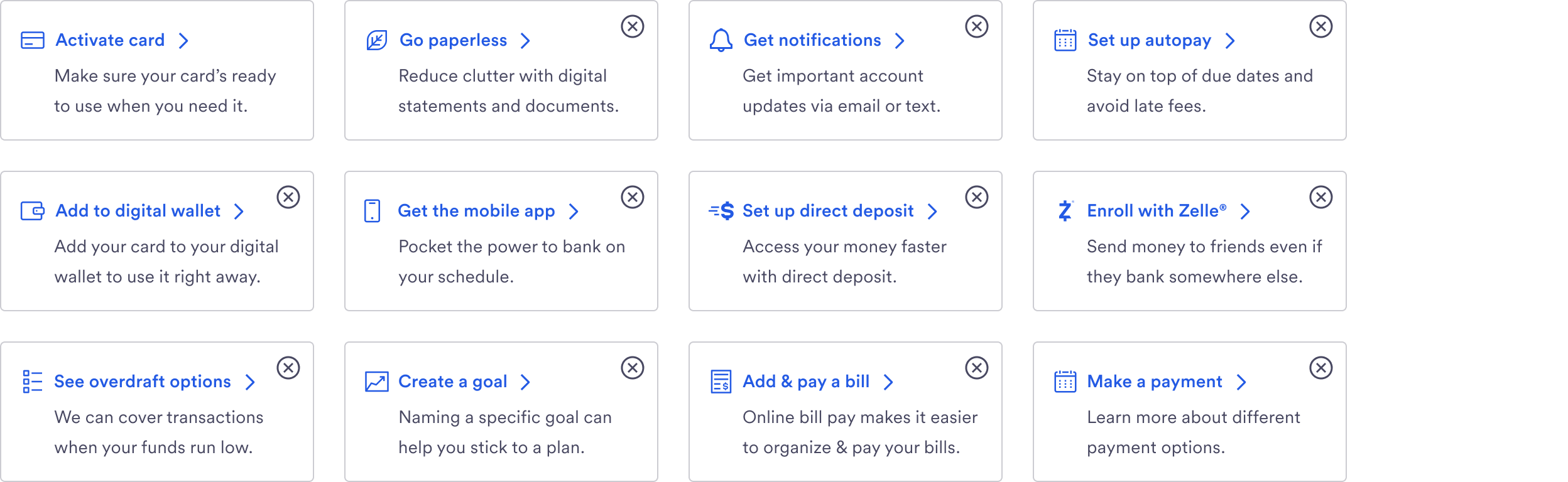 A grid of twelve task tiles, including activate card, go paperless, and set up direct deposit.