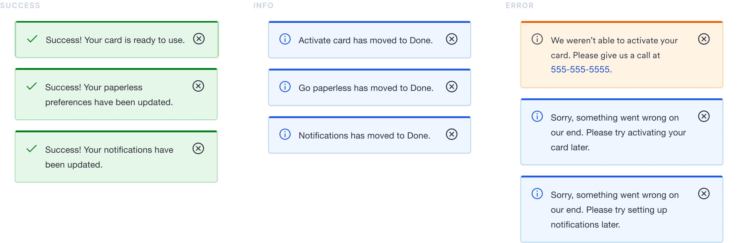 Three columns of toast messages: success, info, and error.