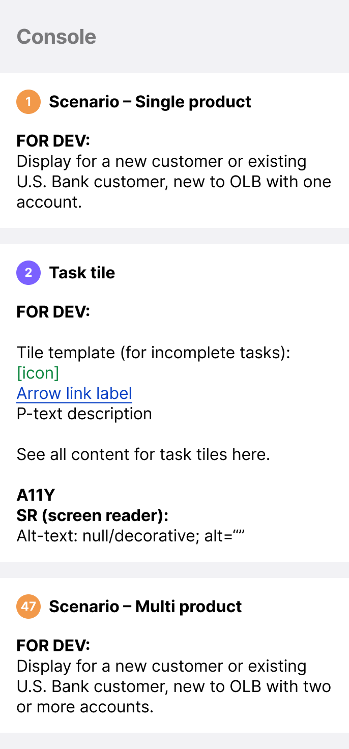 Console component spec sheet showing scenario annotations and task tile specs