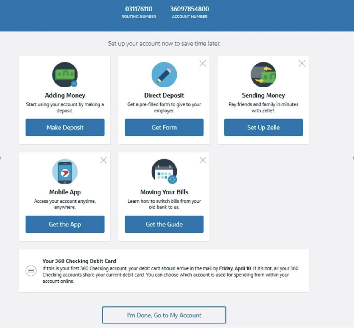 US Bank account setup dashboard with feature discovery options